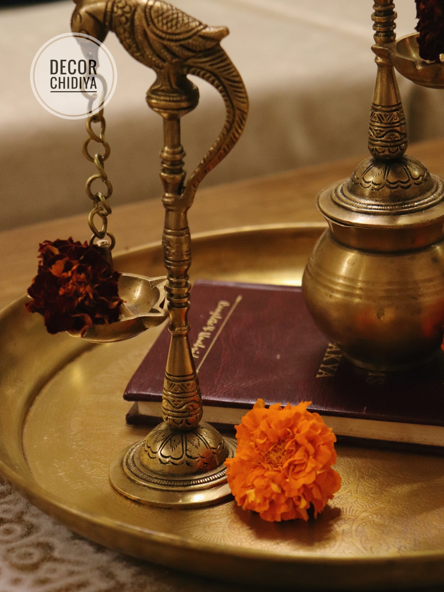 Handcrafted Brass Parrot Diya Hanging Combo Set – Antique Gold Finish (3-Piece Set)