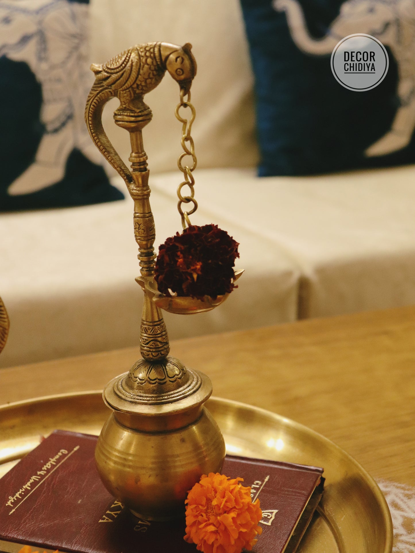 Handcrafted Brass Parrot Diya Hanging Combo Set – Antique Gold Finish (3-Piece Set)