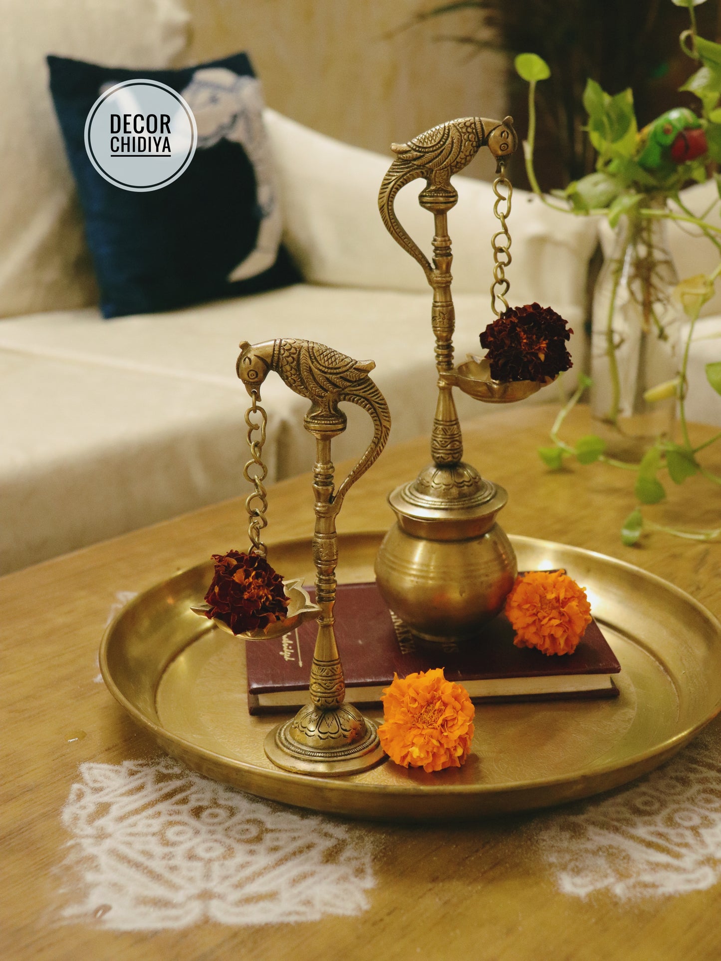 Handcrafted Brass Parrot Diya Hanging Combo Set – Antique Gold Finish (3-Piece Set)