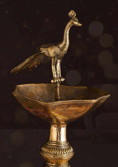 Peacock Diya Brass –Golden Brass Dokra Diya – Handcrafted Tribal Oil Lamp