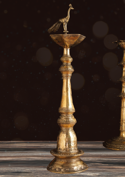 Peacock Diya Brass –Golden Brass Dokra Diya – Handcrafted Tribal Oil Lamp