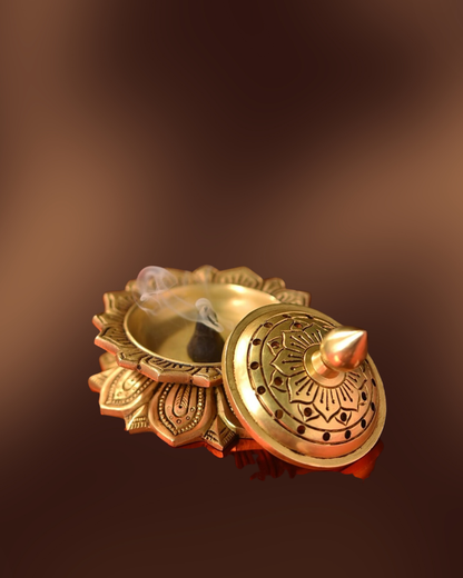 Antique Brass Lotus Dhoopdani | Handcarved Dhuna | Lotus-Shaped Incense Burner | Brass Dhoop Dani for Pooja & Home Decor