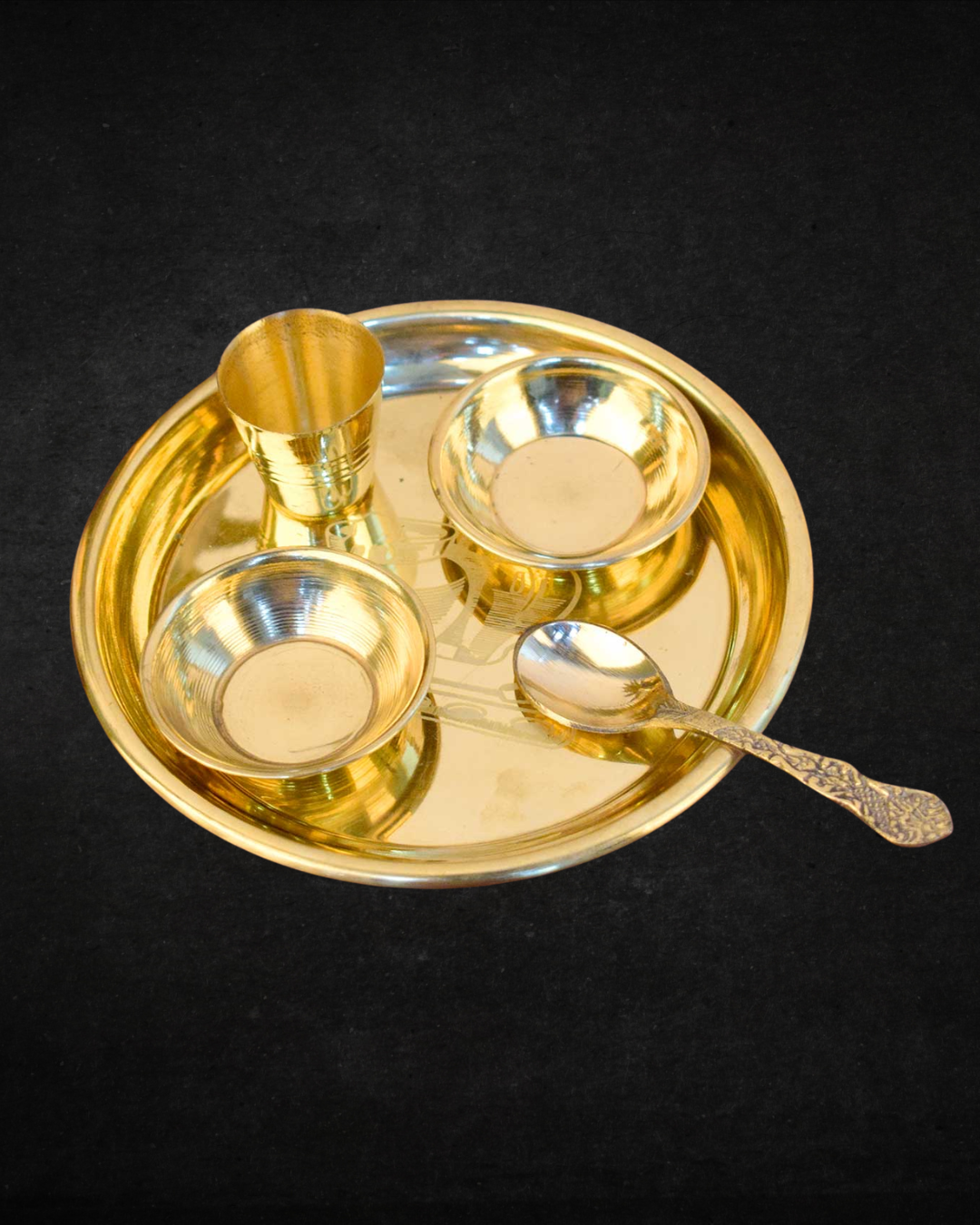 Laddu Gopal Brass Bhog Thali Set (6–7 Inch) – Matki Embossed Design