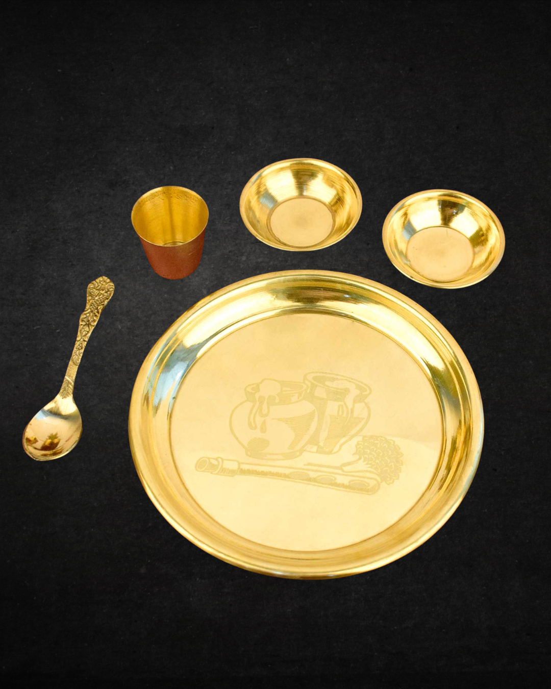 Laddu Gopal Brass Bhog Thali Set (6–7 Inch) – Matki Embossed Design