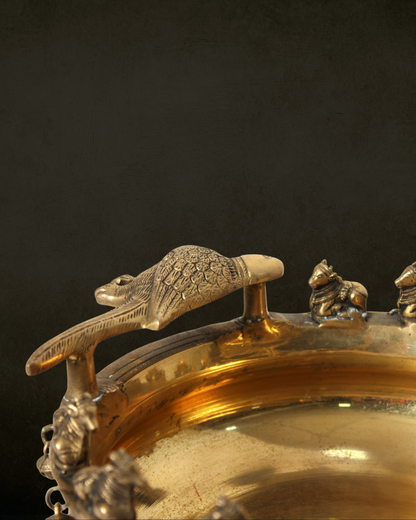 Brass Nandi & Parrot Handle Urli with Legs and Ghungroo | Traditional Decorative Brass Urli for Pooja & Festive Decor