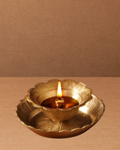 Antique Kamal Diya with Brass Plate | Handcarved Lotus Diya