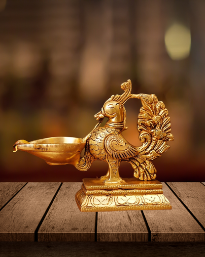 Antique Brass Peacock Diya | Handcarved Brass Oil Lamp | Traditional Peacock Deepam for Pooja & Home Decor