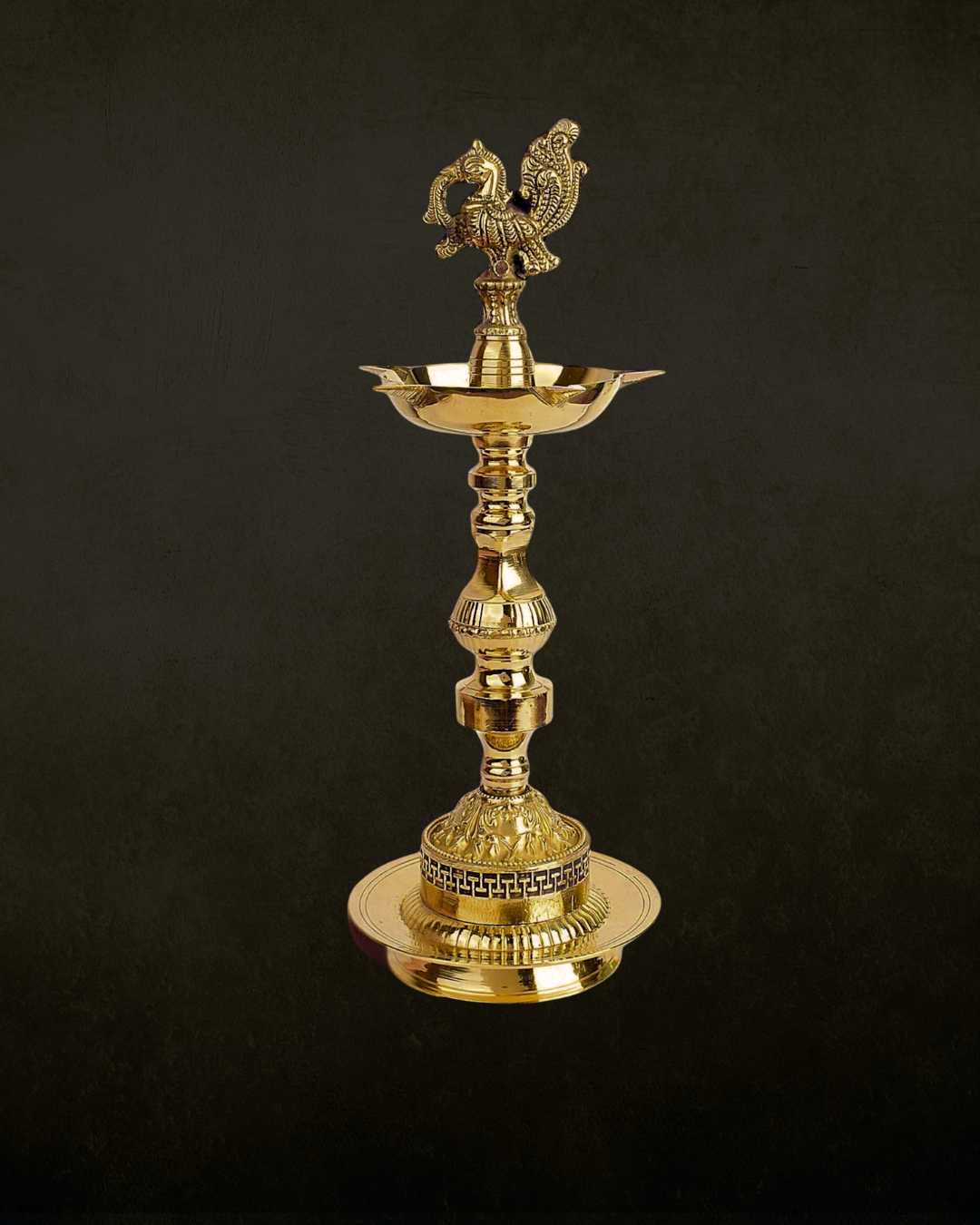 12 Inch Embossed Peacock Kerala Stand – 1 Step Brass Deepam