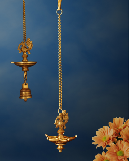 Antique Peacock Brass Hanging Diya | Handcarved Oil Lamp