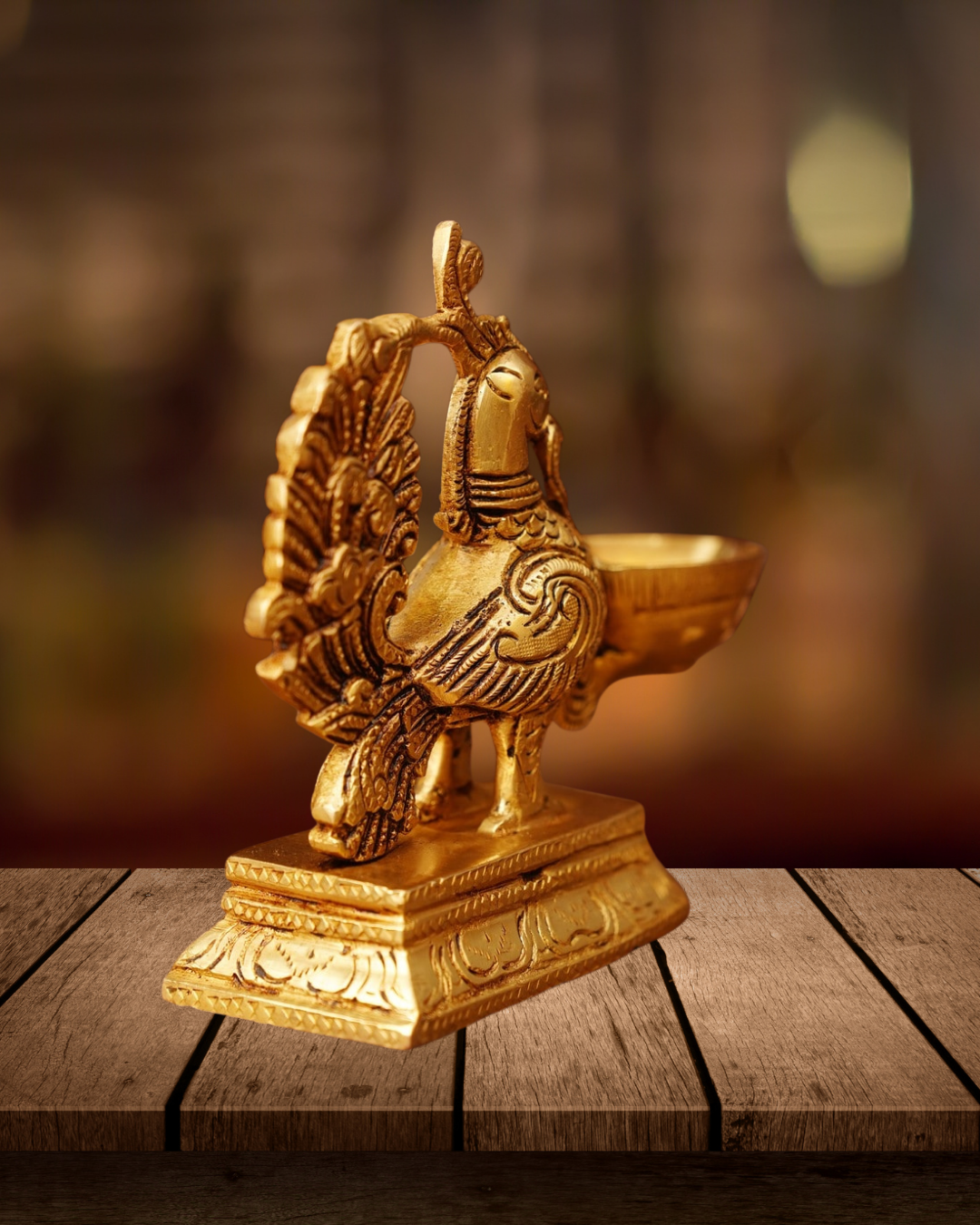 Antique Brass Peacock Diya | Handcarved Brass Oil Lamp | Traditional Peacock Deepam for Pooja & Home Decor