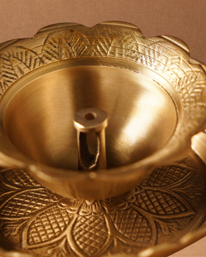 Antique Kamal Diya with Brass Plate | Handcarved Lotus Diya