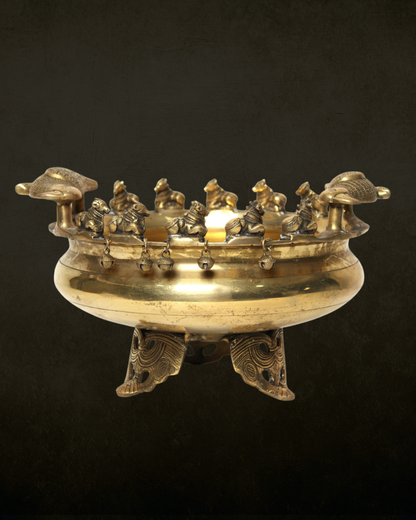 Brass Nandi & Parrot Handle Urli with Legs and Ghungroo | Traditional Decorative Brass Urli for Pooja & Festive Decor