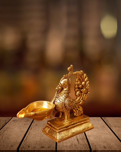 Antique Brass Peacock Diya | Handcarved Brass Oil Lamp | Traditional Peacock Deepam for Pooja & Home Decor