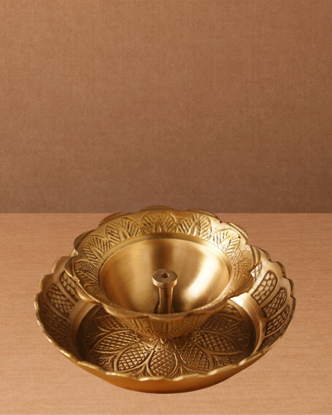 Antique Kamal Diya with Brass Plate | Handcarved Lotus Diya