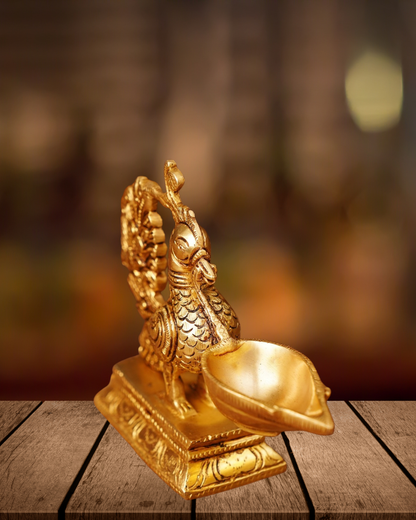 Antique Brass Peacock Diya | Handcarved Brass Oil Lamp | Traditional Peacock Deepam for Pooja & Home Decor