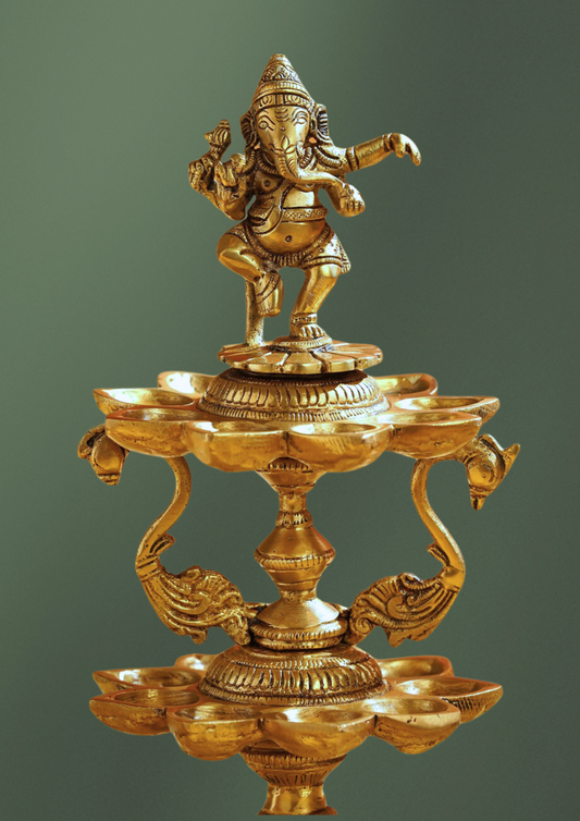 Divine Brass Dancing Ganesha Lamp with 18 Oil Diyas
