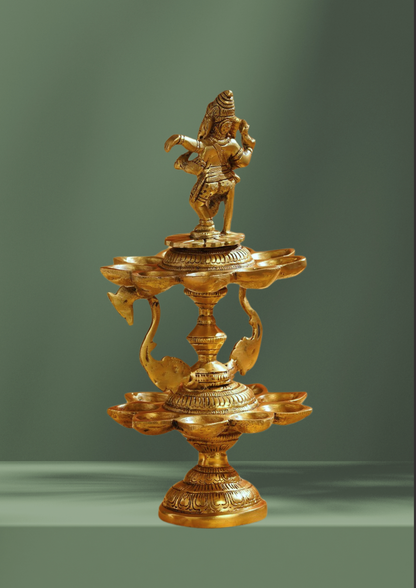 Divine Brass Dancing Ganesha Lamp with 18 Oil Diyas