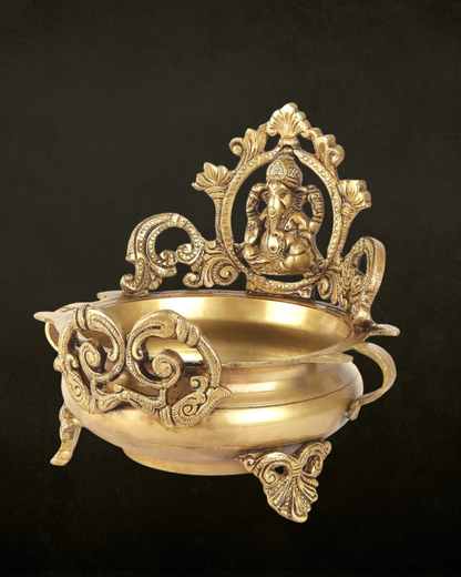 Antique Brass Ganpati Carved Urli for Pooja & Festive Decor | Vintage Brass Decor Piece