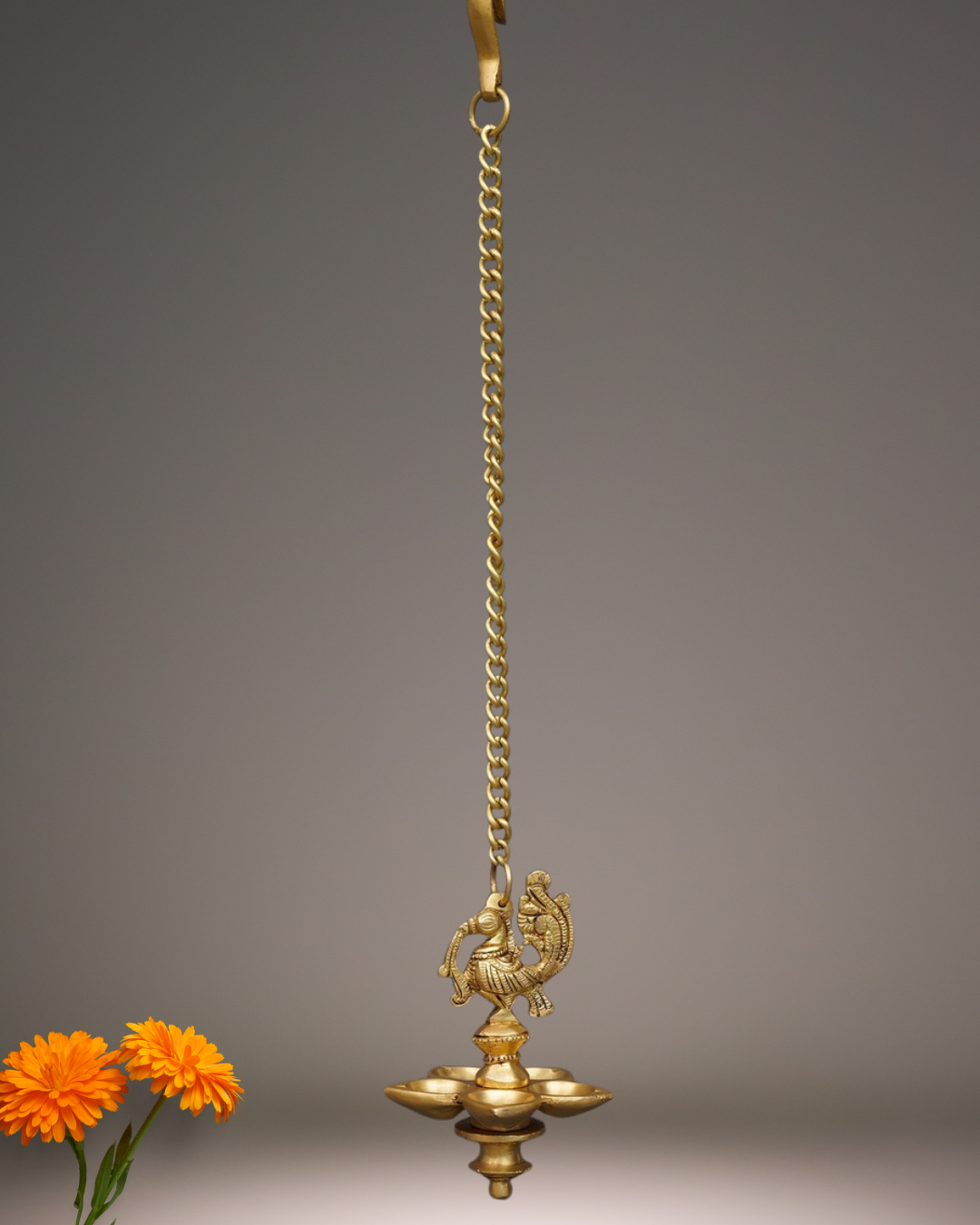 Antique Peacock Brass Hanging Diya | Handcarved Oil Lamp