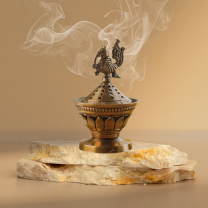 Pure Brass Konark Loban Dhuni – Antique Gold Incense Burner & Dhoop Dani