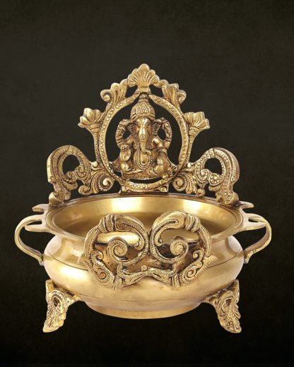 Antique Brass Ganpati Carved Urli for Pooja & Festive Decor | Vintage Brass Decor Piece