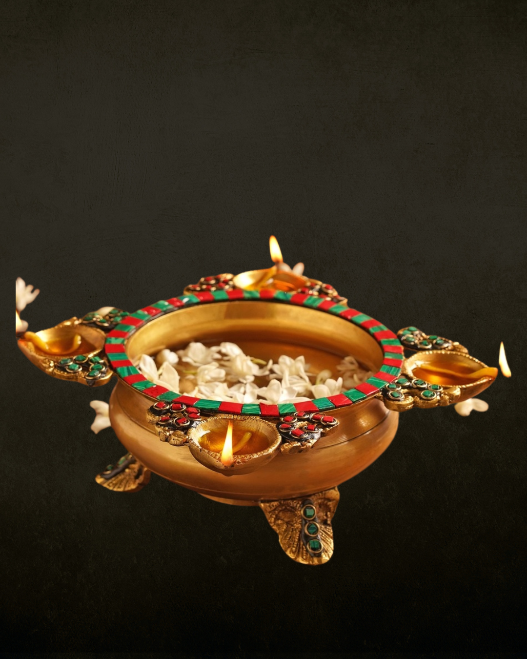 4-Way Diya Inlay Brass Urli for Pooja & Festive Decor | Decorative Brass Urli with Diyas