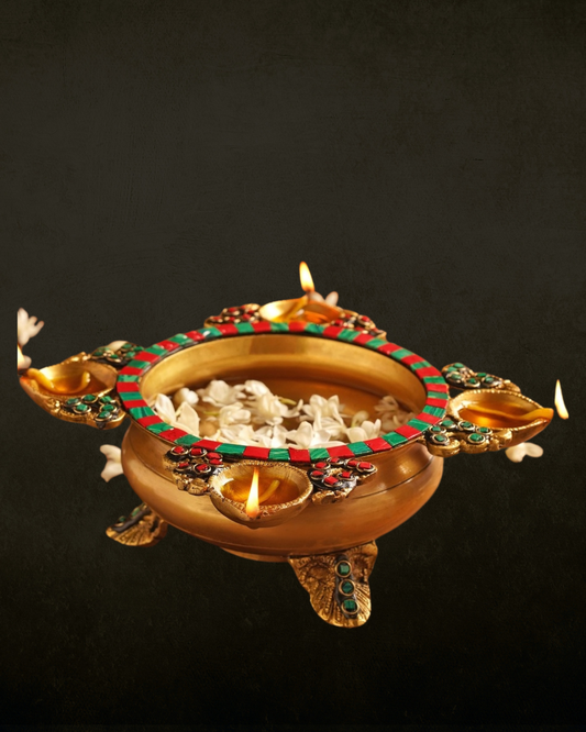 4-Way Diya Inlay Brass Urli for Pooja & Festive Decor | Decorative Brass Urli with Diyas