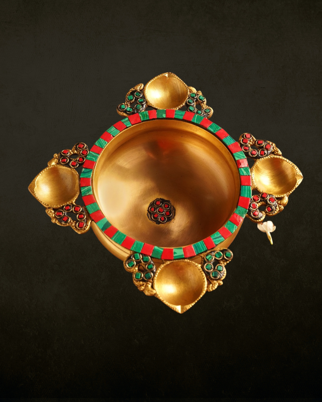 4-Way Diya Inlay Brass Urli for Pooja & Festive Decor | Decorative Brass Urli with Diyas