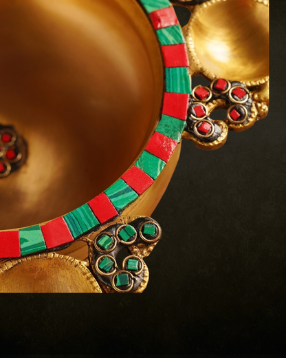 4-Way Diya Inlay Brass Urli for Pooja & Festive Decor | Decorative Brass Urli with Diyas