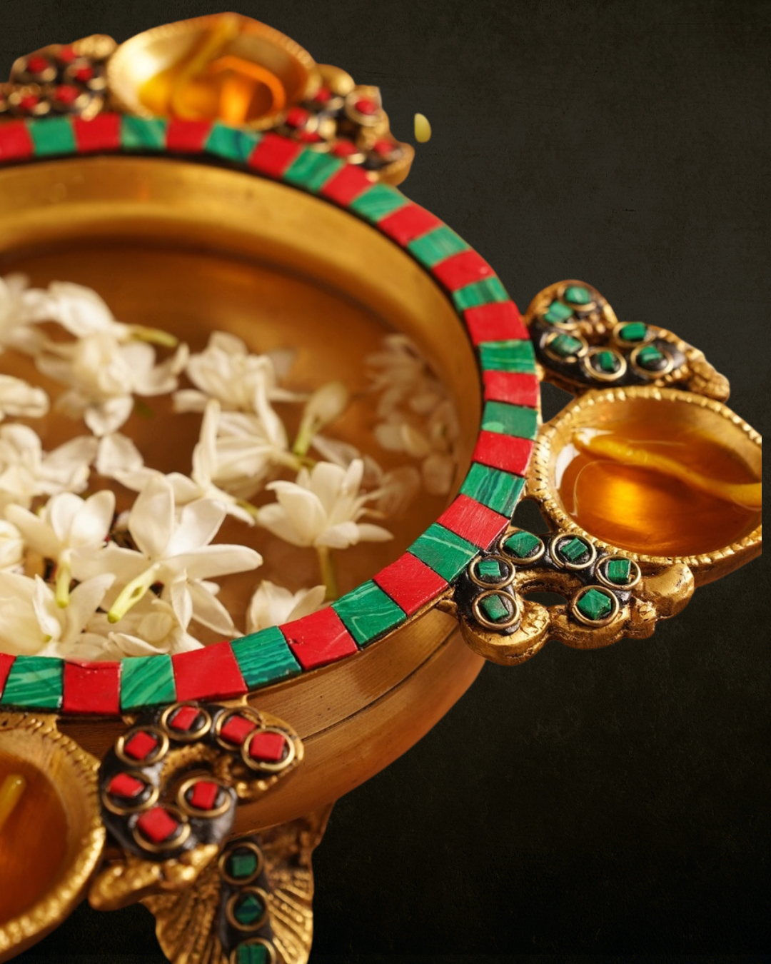 4-Way Diya Inlay Brass Urli for Pooja & Festive Decor | Decorative Brass Urli with Diyas
