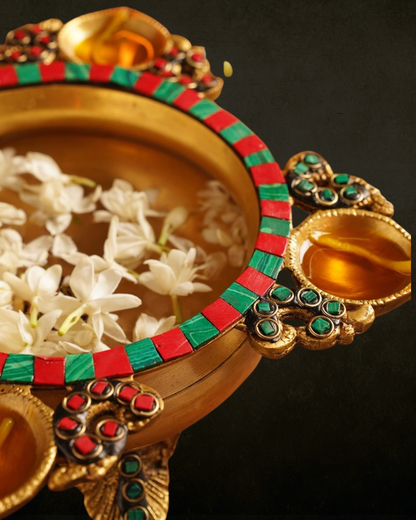4-Way Diya Inlay Brass Urli for Pooja & Festive Decor | Decorative Brass Urli with Diyas