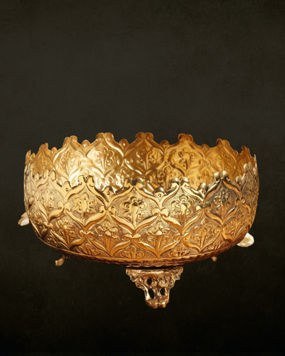 Ornate Embossed Brass Urli with Legs for Pooja & Festive Decor | Traditional Handcrafted Brass Urli Bowl