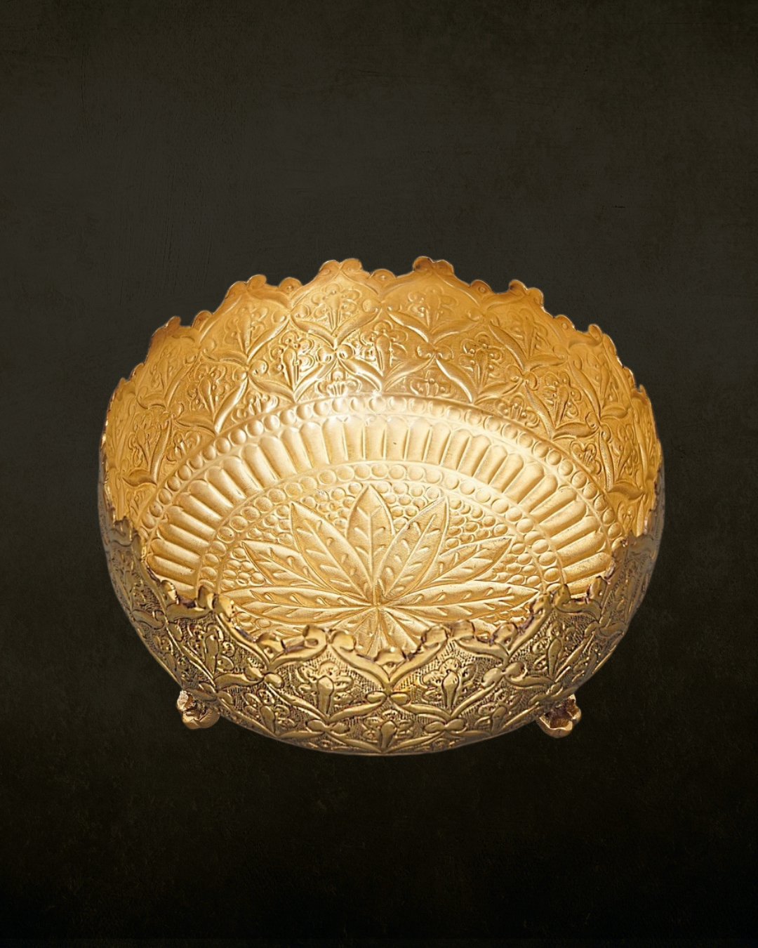 Ornate Embossed Brass Urli with Legs for Pooja & Festive Decor | Traditional Handcrafted Brass Urli Bowl