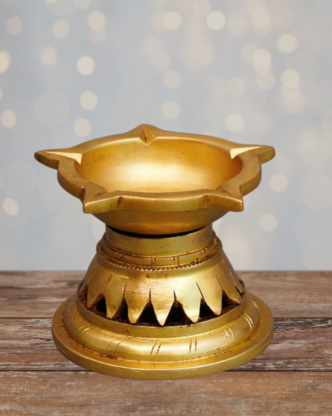 Antique Panchmukhi Brass Deepak | Handcarved Oil Lamp with lotus base