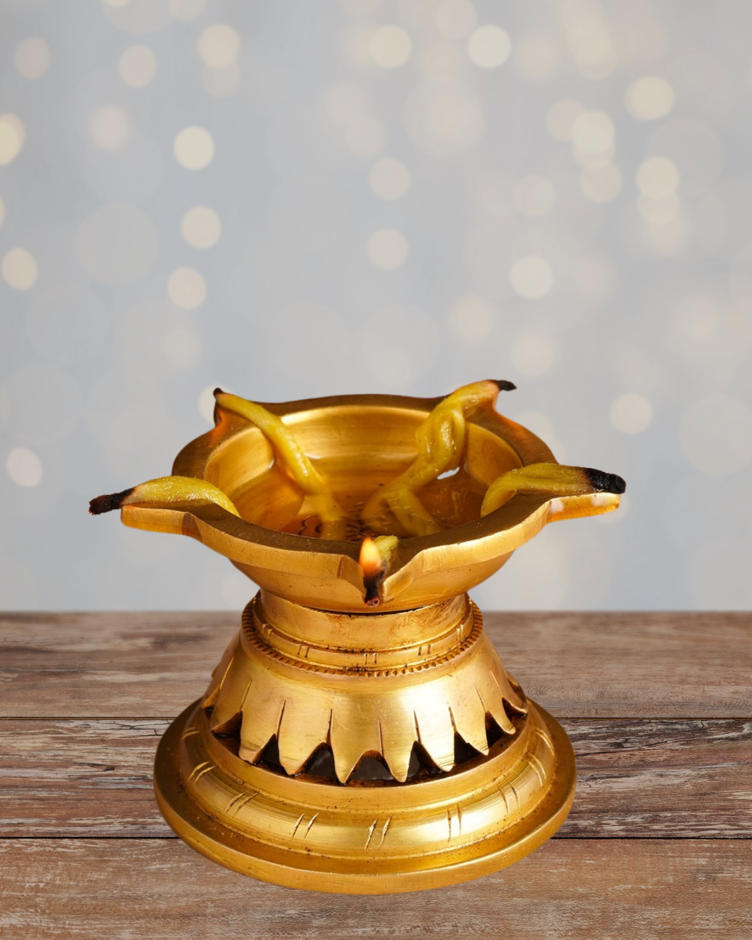 Antique Panchmukhi Brass Deepak | Handcarved Oil Lamp with lotus base