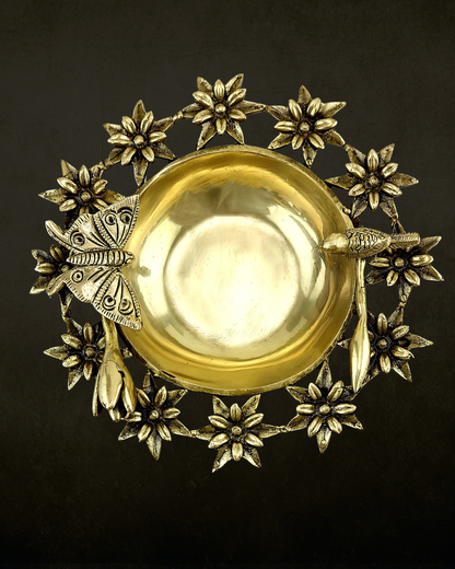 Nature Motif Filigree Brass Urli for Pooja & Festive Decor | Floral Bird Design Brass Urli Bowl