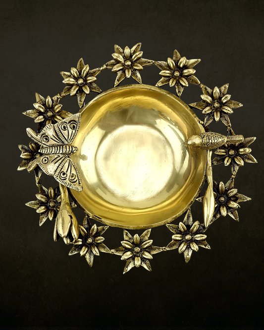 Nature Motif Filigree Brass Urli for Pooja & Festive Decor | Floral Bird Design Brass Urli Bowl