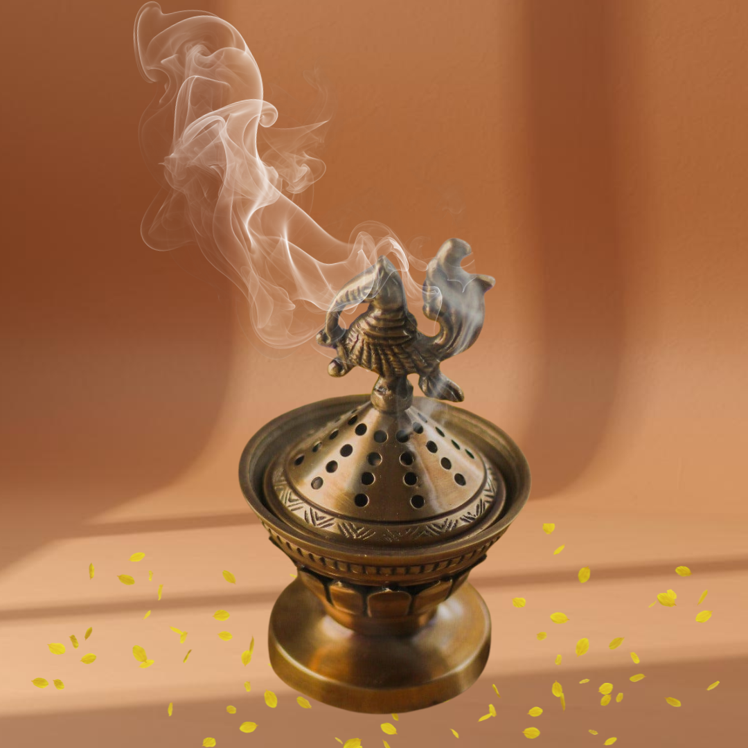 Pure Brass Konark Loban Dhuni – Antique Gold Incense Burner & Dhoop Dani