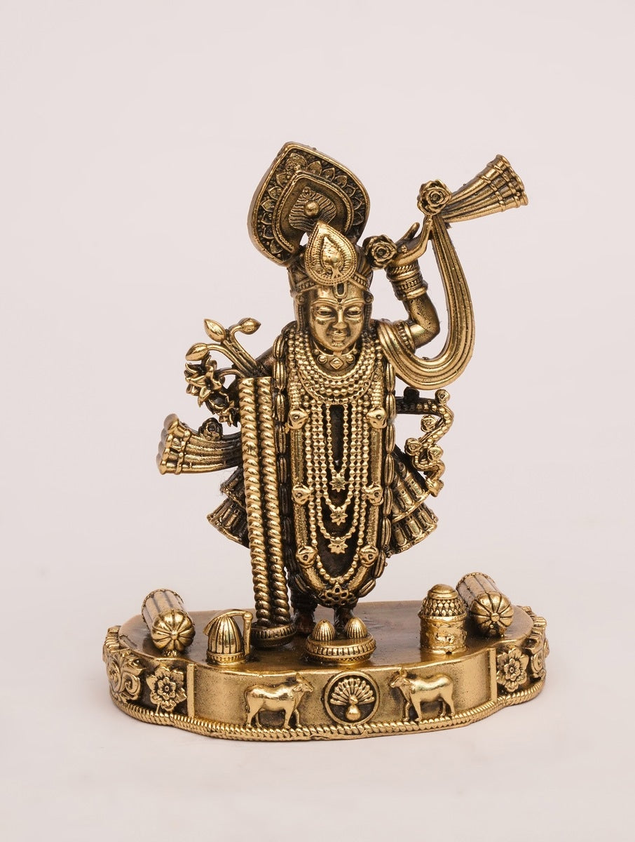 Antique Hand-Carved Brass Shreenathji Idol for Home Temple & Decor