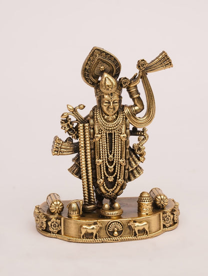 Antique Hand-Carved Brass Shreenathji Idol for Home Temple & Decor