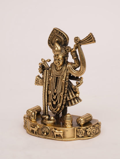 Antique Hand-Carved Brass Shreenathji Idol for Home Temple & Decor