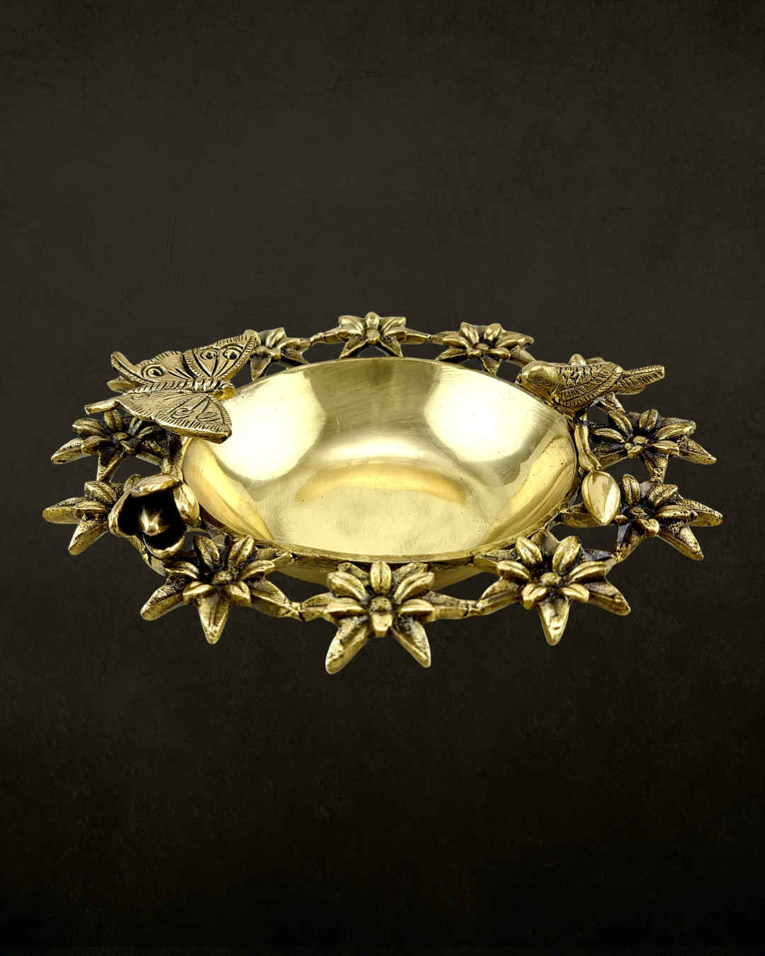 Nature Motif Filigree Brass Urli for Pooja & Festive Decor | Floral Bird Design Brass Urli Bowl