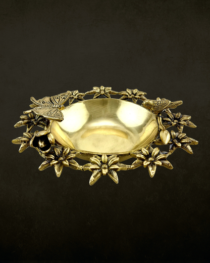 Nature Motif Filigree Brass Urli for Pooja & Festive Decor | Floral Bird Design Brass Urli Bowl