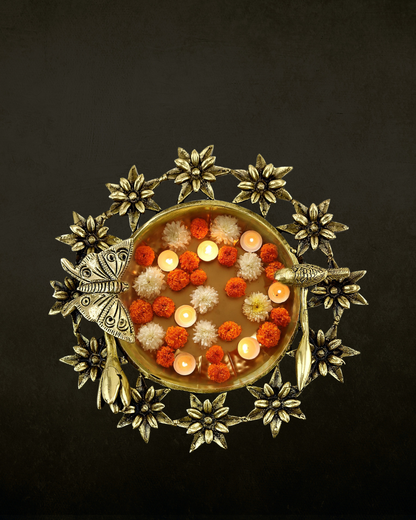 Nature Motif Filigree Brass Urli for Pooja & Festive Decor | Floral Bird Design Brass Urli Bowl