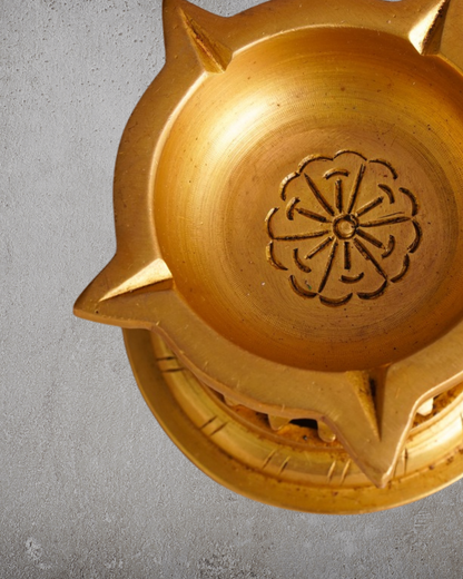 Antique Panchmukhi Brass Deepak | Handcarved Oil Lamp with lotus base