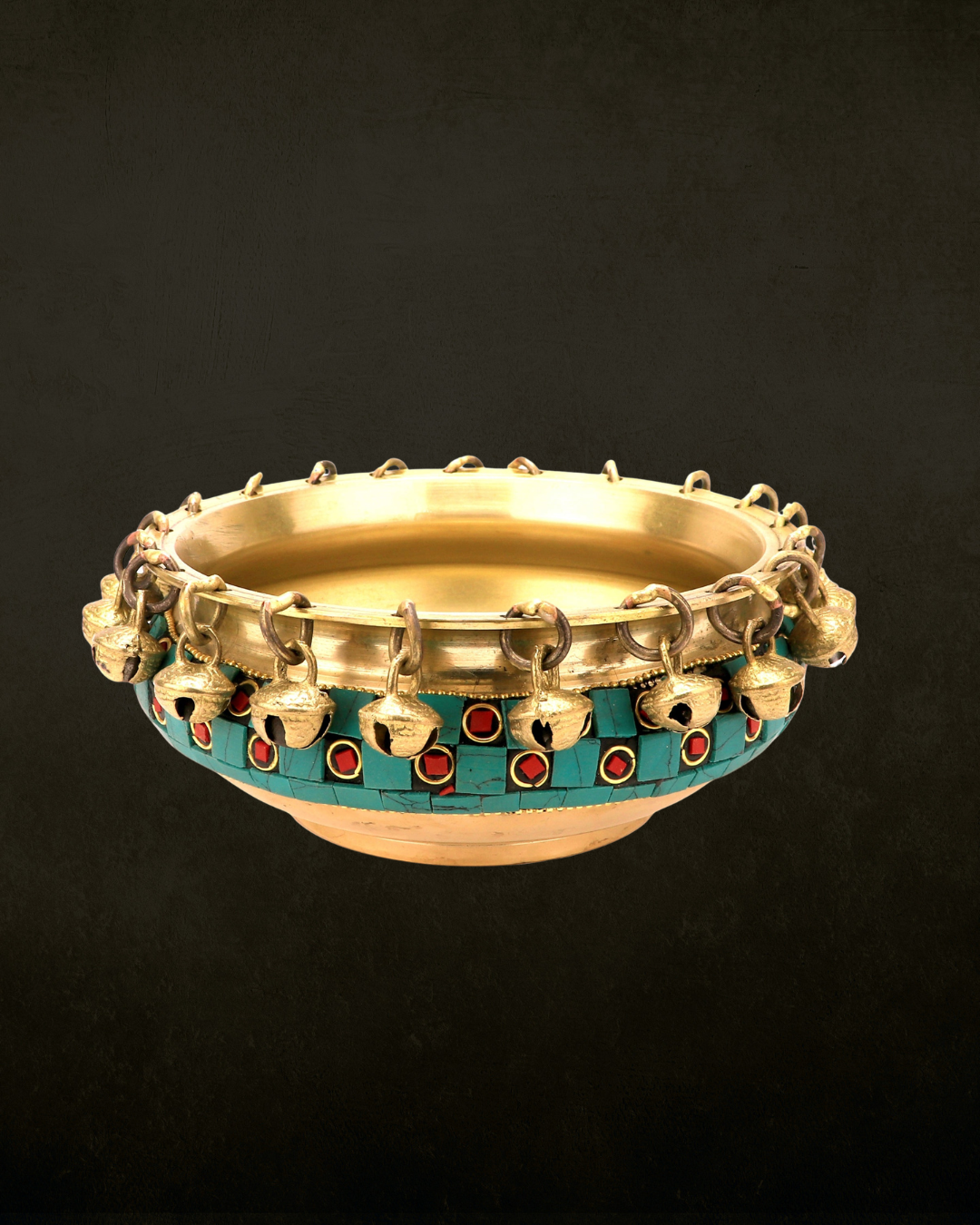 Turquoise Stone Inlay Brass Urli with Ghungroo for Pooja & Festive Decor | Enamelled Decorative Brass Urli Bowl