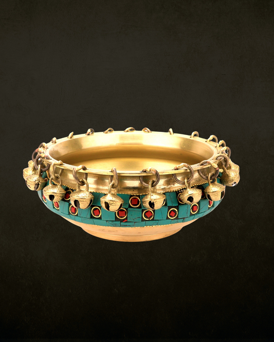 Turquoise Stone Inlay Brass Urli with Ghungroo for Pooja & Festive Decor | Enamelled Decorative Brass Urli Bowl