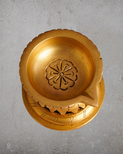 Antique Brass Deepak | Handcarved Oil Lamp with lotus base