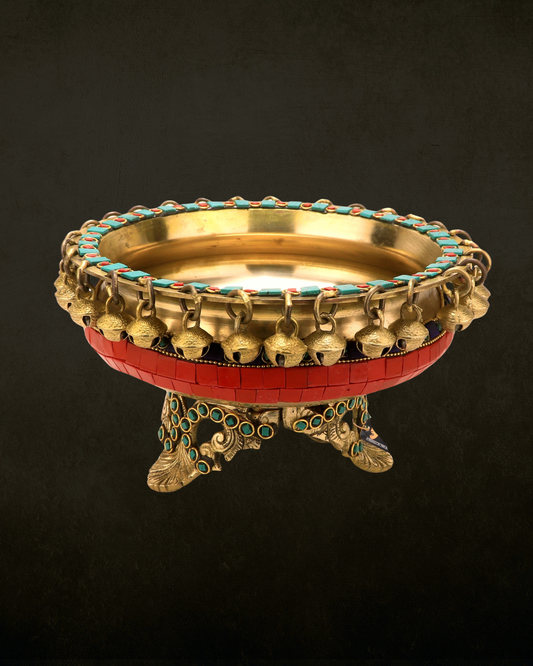 Stone Inlay Enamelled Brass Urli for Pooja & Festive Decor | Traditional Decorative Brass Urli Bowl