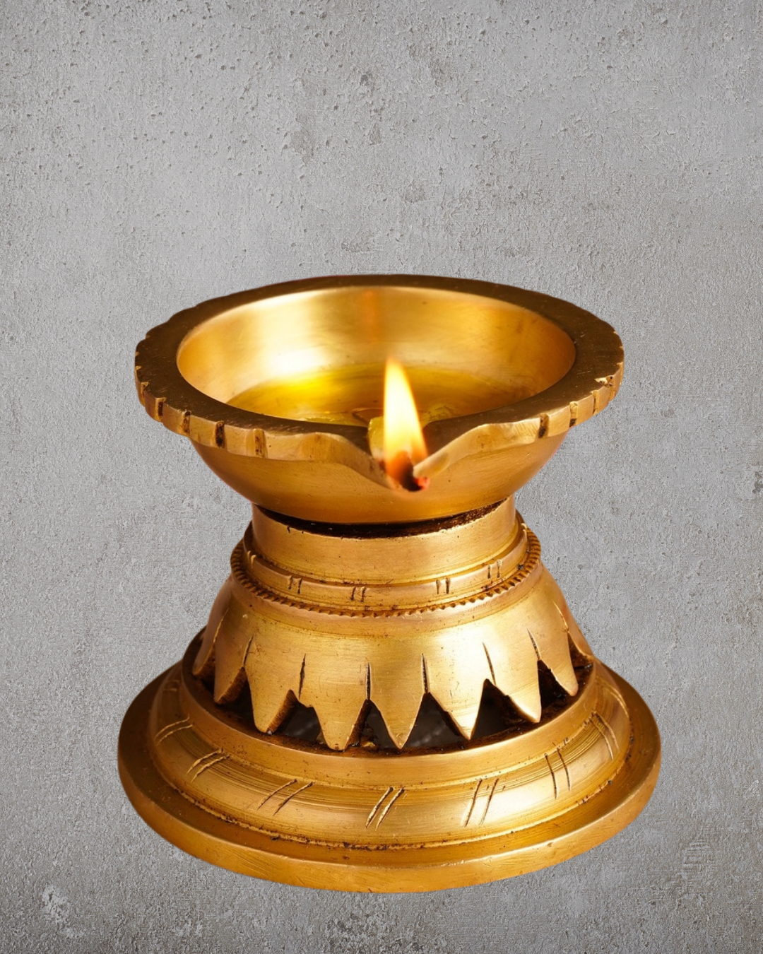 Antique Brass Deepak | Handcarved Oil Lamp with lotus base